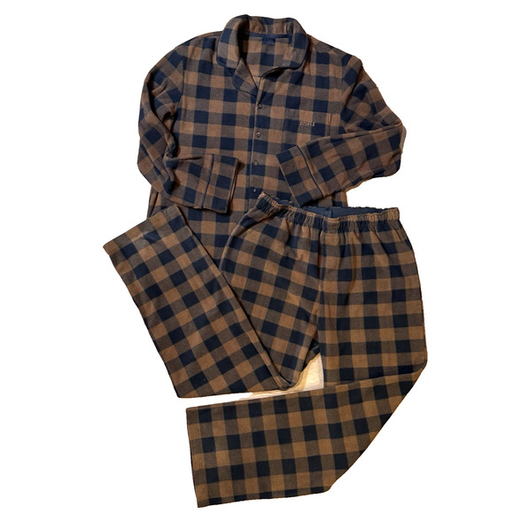 Skims Pajama Set Men's Medium Brown Black Buffalo Plaid Fleece 2 Piece Pockets - Picture 1 of 14